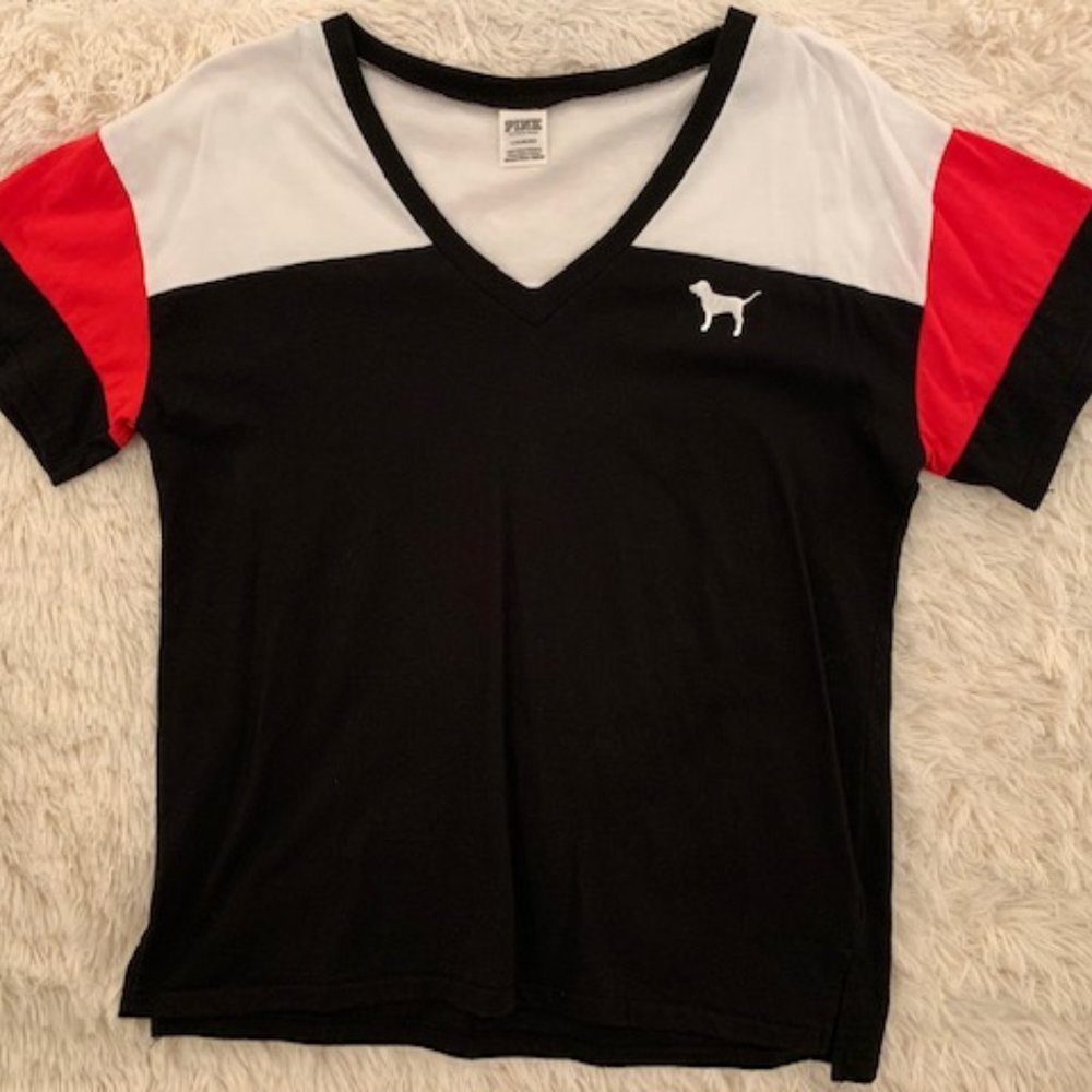 VS Pink V Neck TShirt Black Red and White